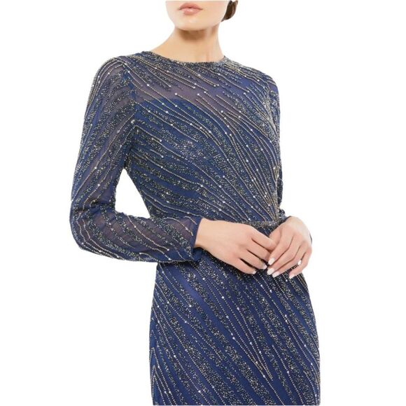 $598 Mac Duggal 5240 Size 8 Dark Blue Long Sleeve Column Gown Maxi Dress Navy - Picture 3 of 4